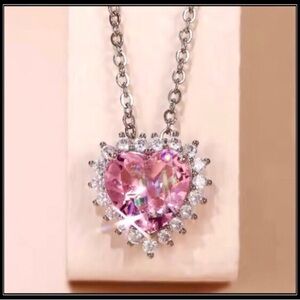 Silver Pink Cubic Zirconia Halo Heart Charm  Pendant Necklace